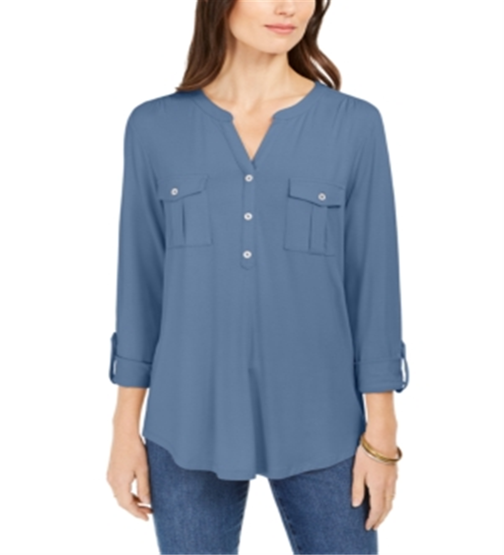Blusa feminina estilo &amp; co com decote aberto e mangas bufantes, azul, tamanho médio