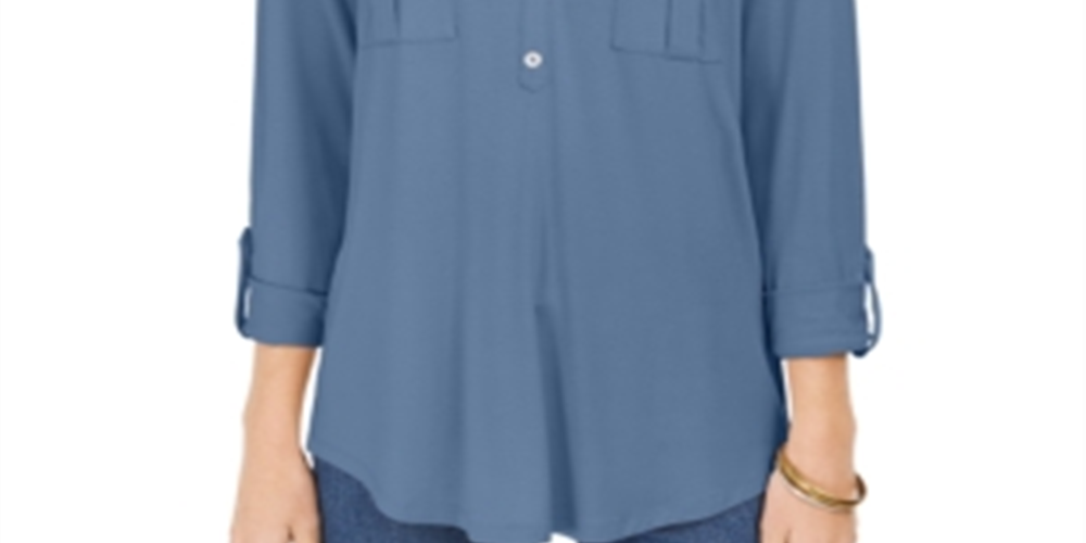 Blusa feminina estilo &amp; co com decote aberto e mangas bufantes, azul, tamanho médio