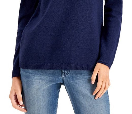 Suéter feminino estampado de manga comprida e gola redonda, azul, tamanho pequeno, estilo &amp; co