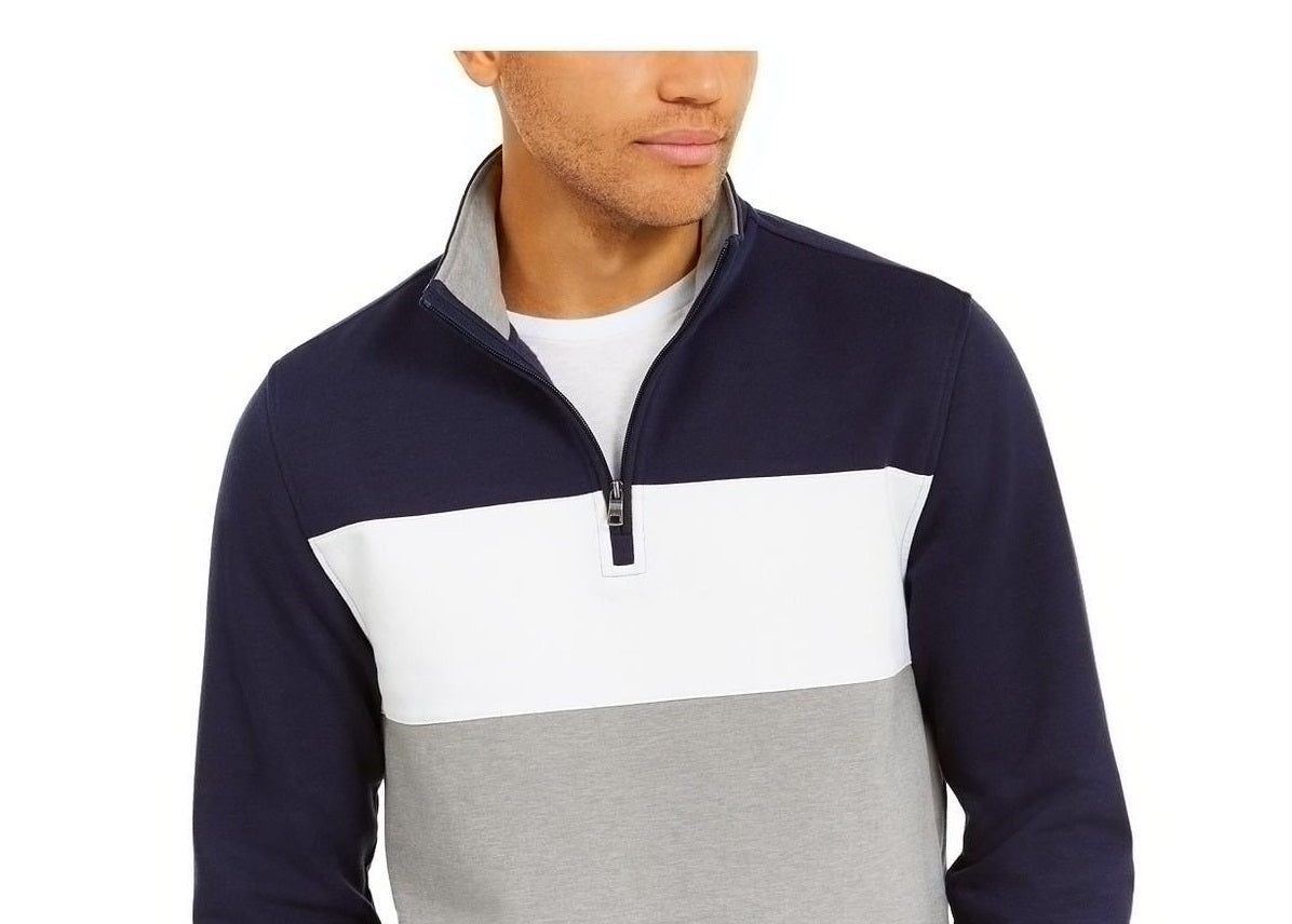 Moletom de lã com zíper de um quarto e blocos de cores masculino Club Room, azul, tamanho XX-G