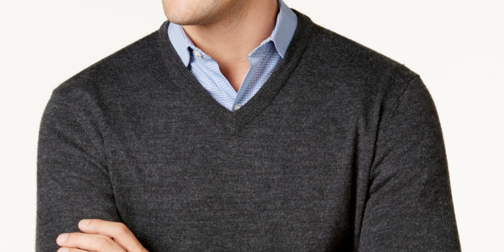 Suéter masculino Club Room com decote em V, mescla de lã merino, cinza, tamanho grande
