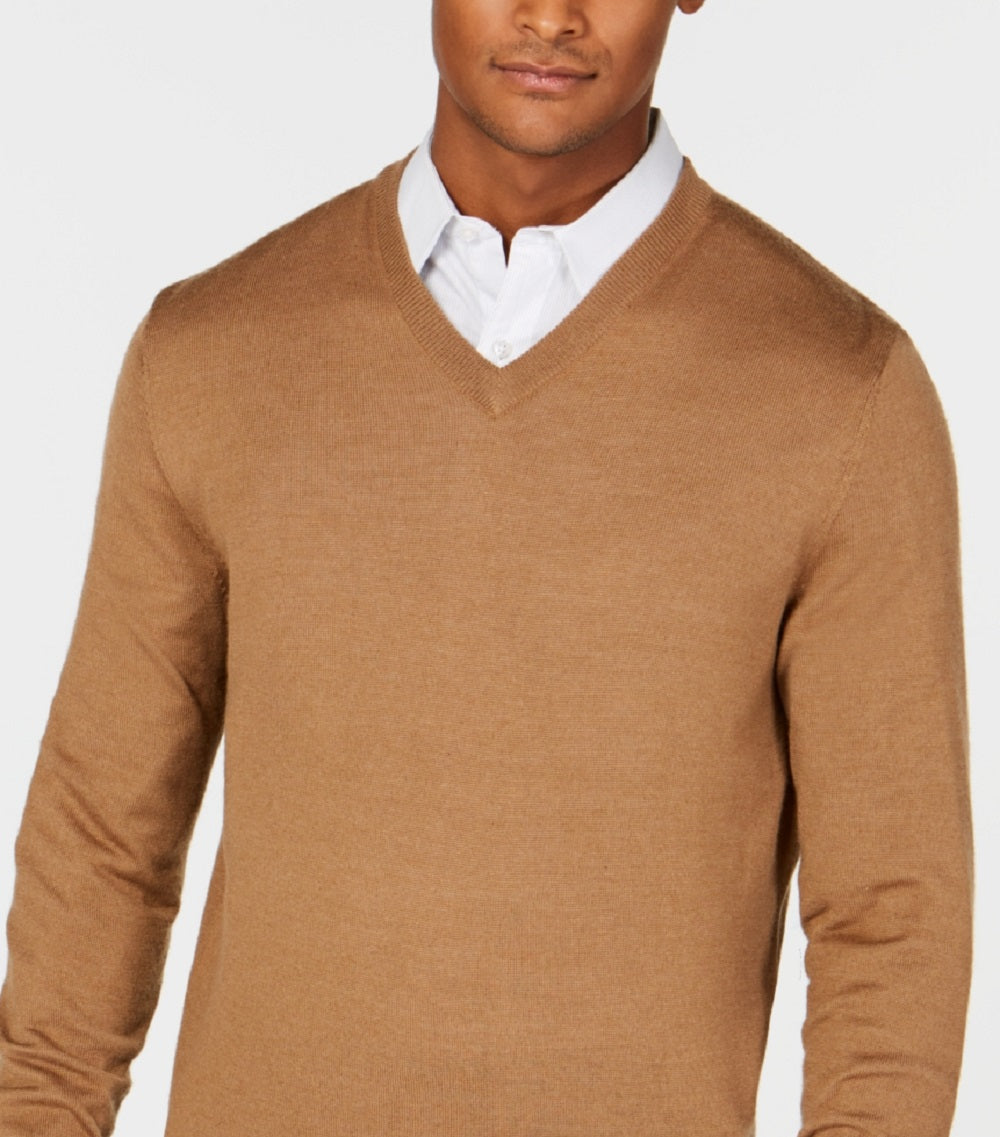 Suéter masculino Club Room com decote em V e mistura de lã merino, marrom, tamanho extragrande