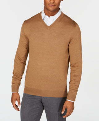 Club Room Men's Solid V Neck Merino Wool Blend Sweater Brown Size XX-Large