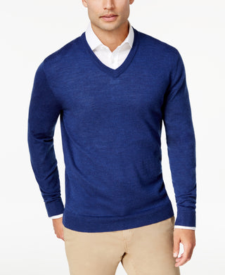Club Room Men's Solid V Neck Merino Wool Blend Sweater Blue Size Medium