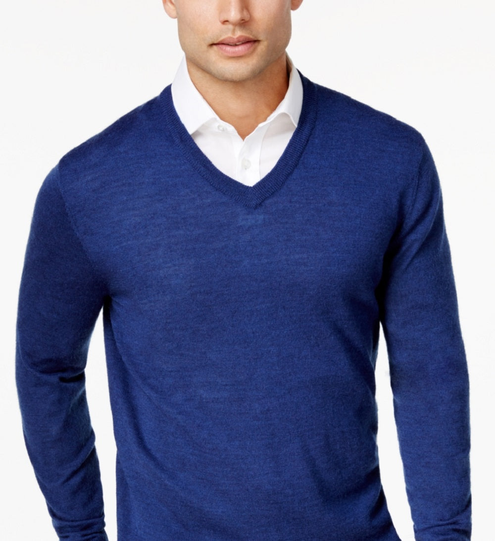 Suéter masculino Club Room com decote em V e mistura de lã merino, azul, tamanho médio