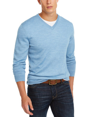 Club Room Men's Solid V Neck Merino Wool Blend Sweater Blue Size X-Large