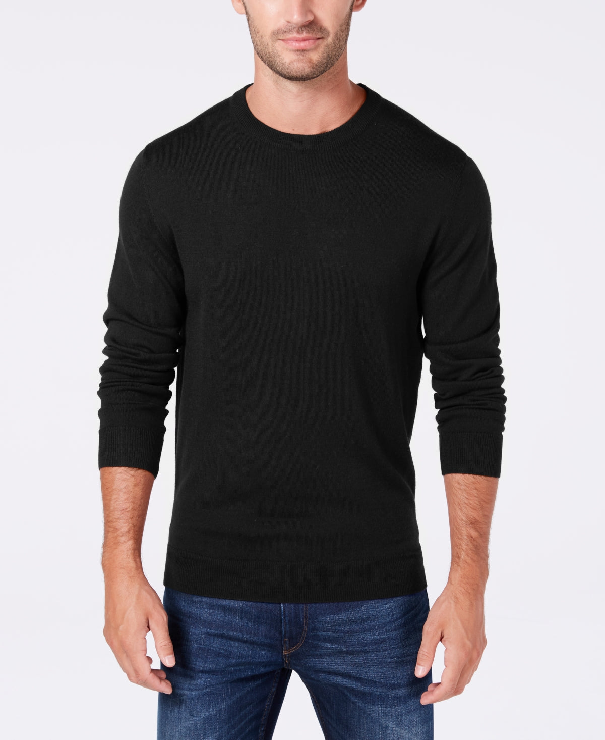 Suéter masculino Club Room de mistura de lã merino com gola redonda e cor sólida, preto, tamanho grande