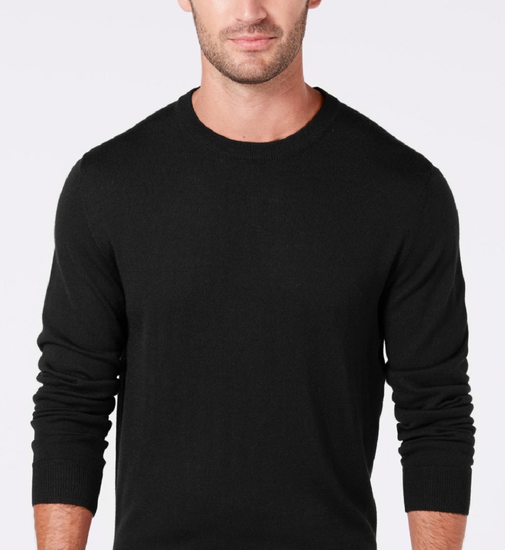 Suéter masculino Club Room de mistura de lã merino com gola redonda e cor sólida, preto, tamanho grande