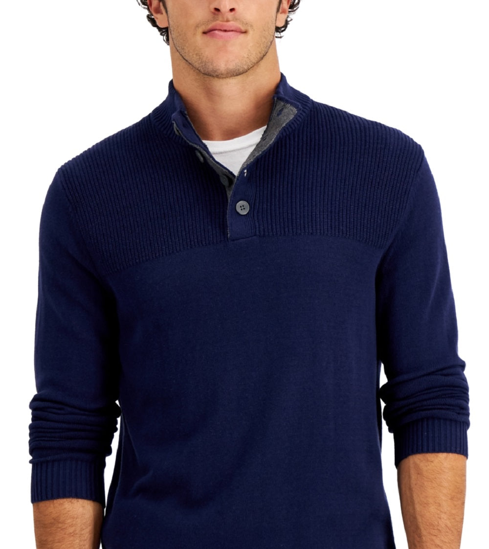 Suéter de gola alta simulada com botões de algodão masculino Club Room, azul, tamanho XX-G