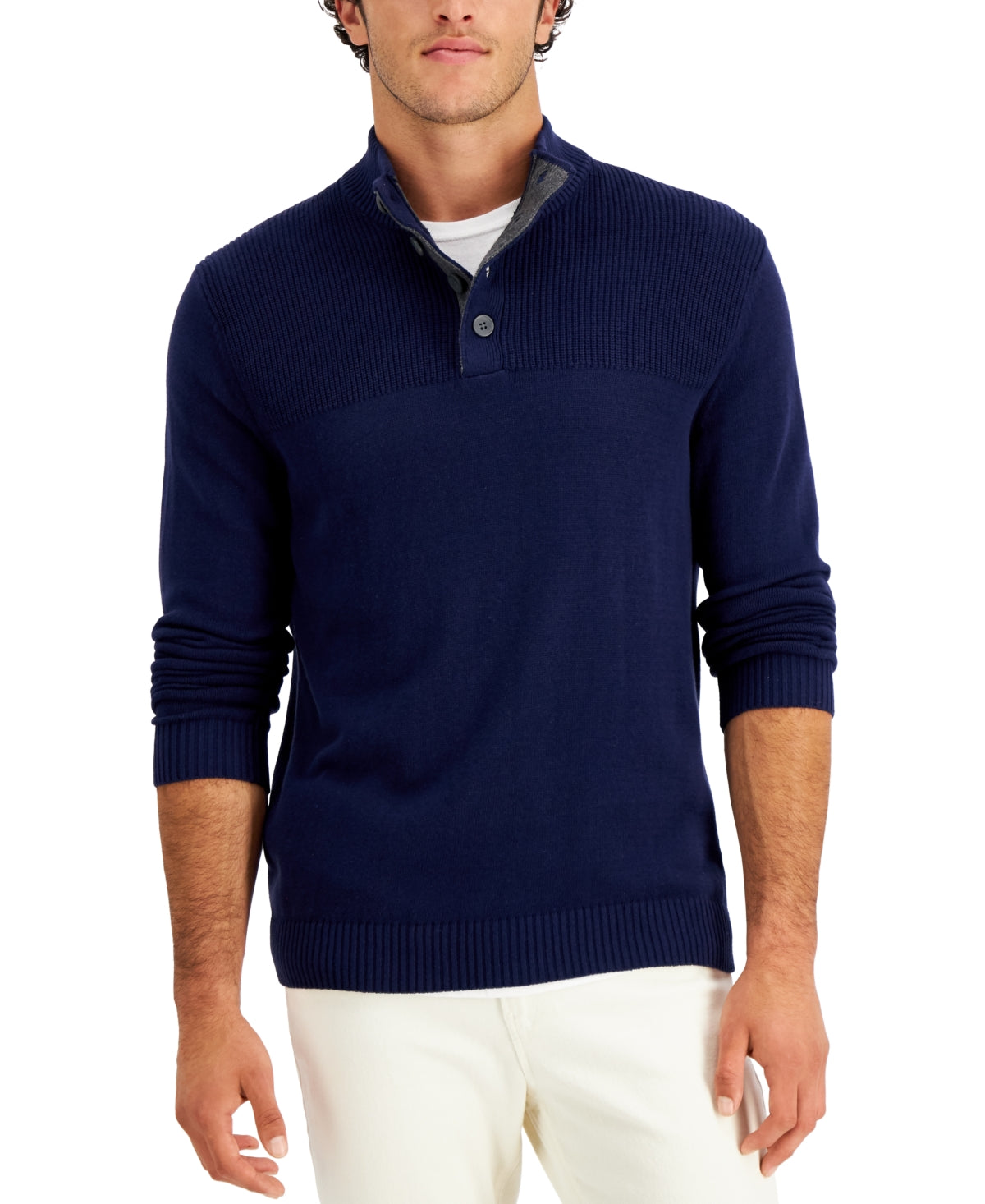 Suéter de gola alta simulada com botões de algodão masculino Club Room, azul, tamanho XX-G