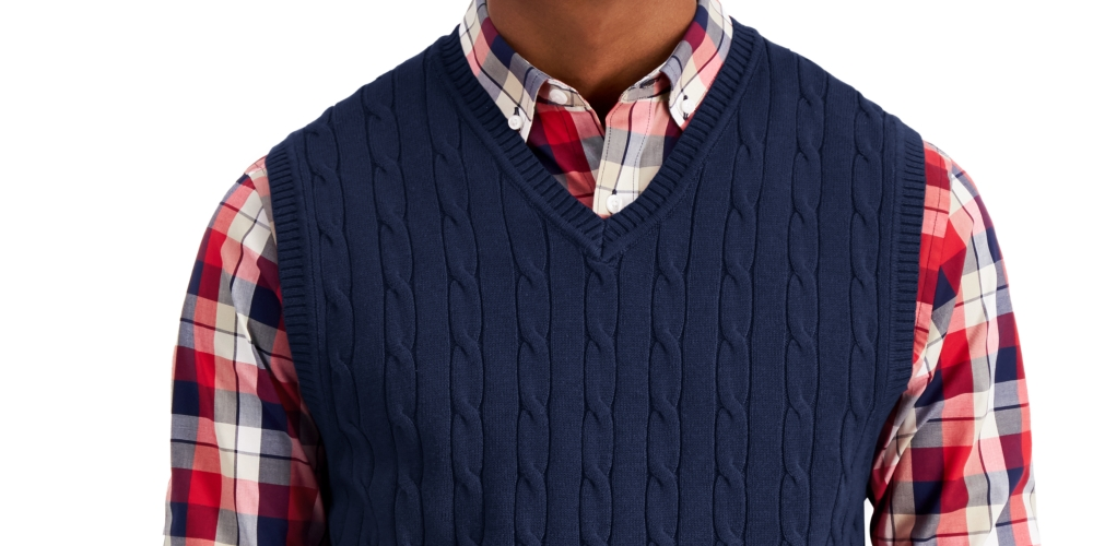 Colete de malha de algodão tricotado masculino Club Room, azul, tamanho médio