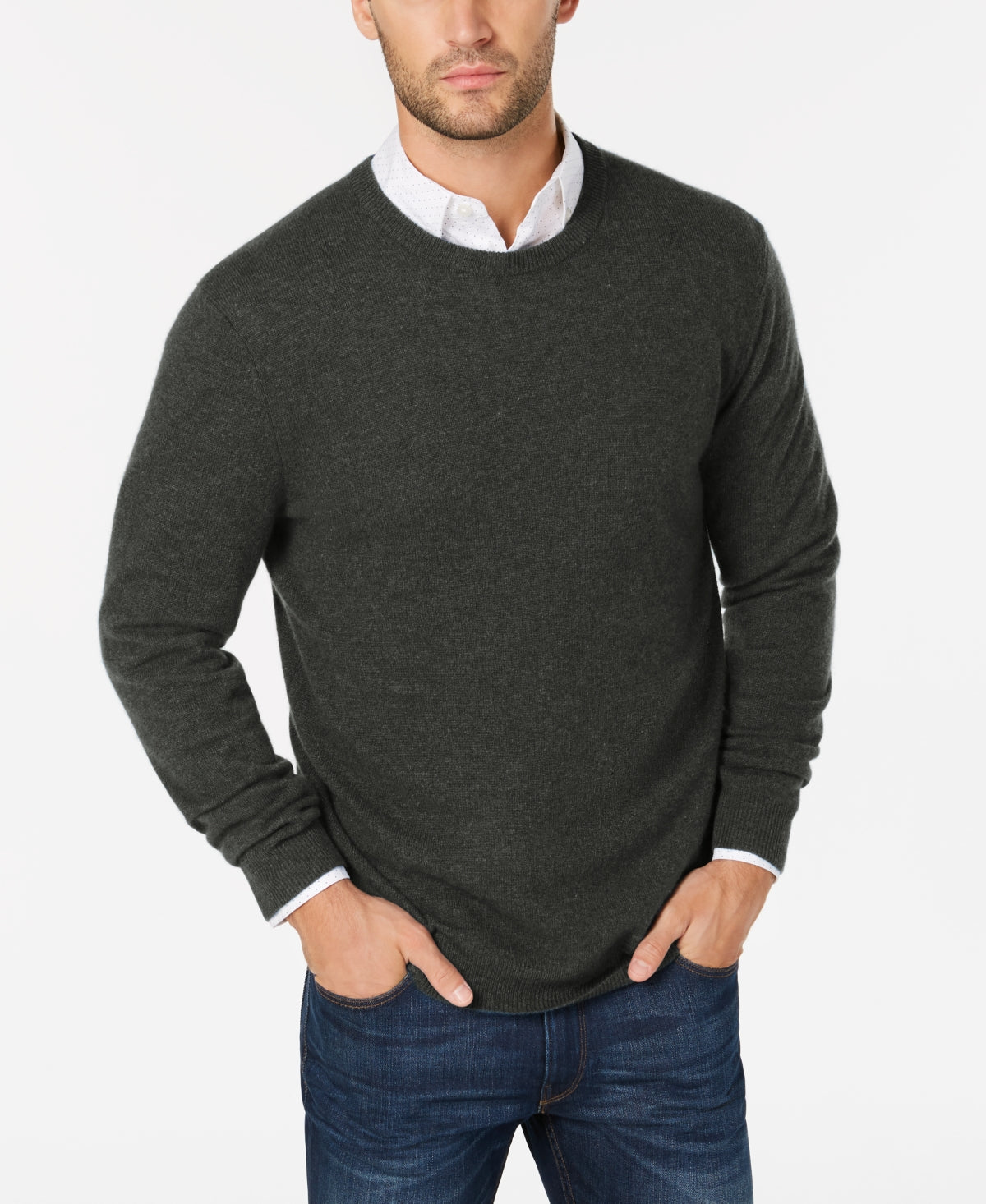 Suéter de cashmere masculino Club Room, gola redonda, cinza, tamanho extragrande
