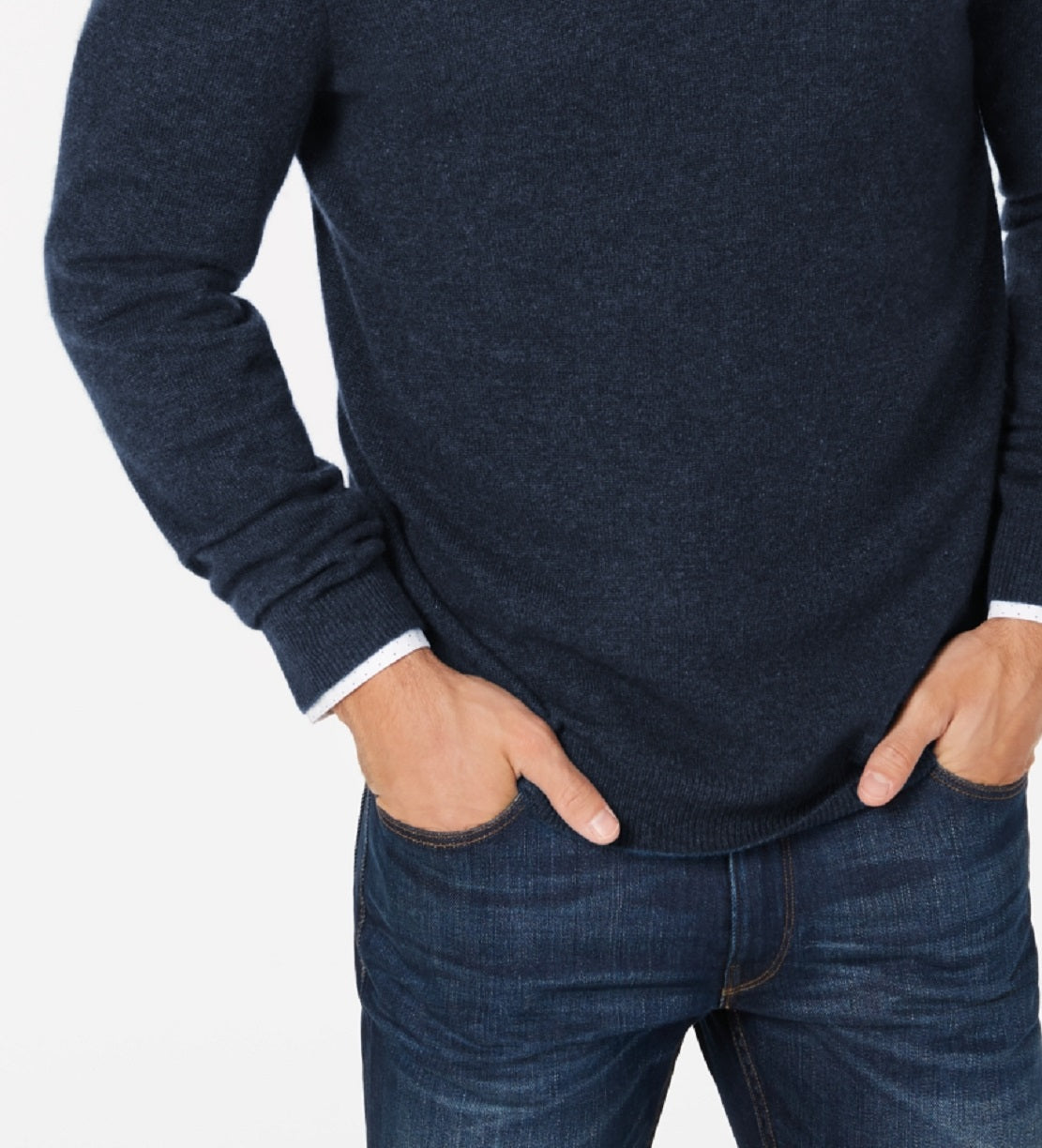 Suéter de cashmere masculino com gola redonda, azul, tamanho grande, Club Room