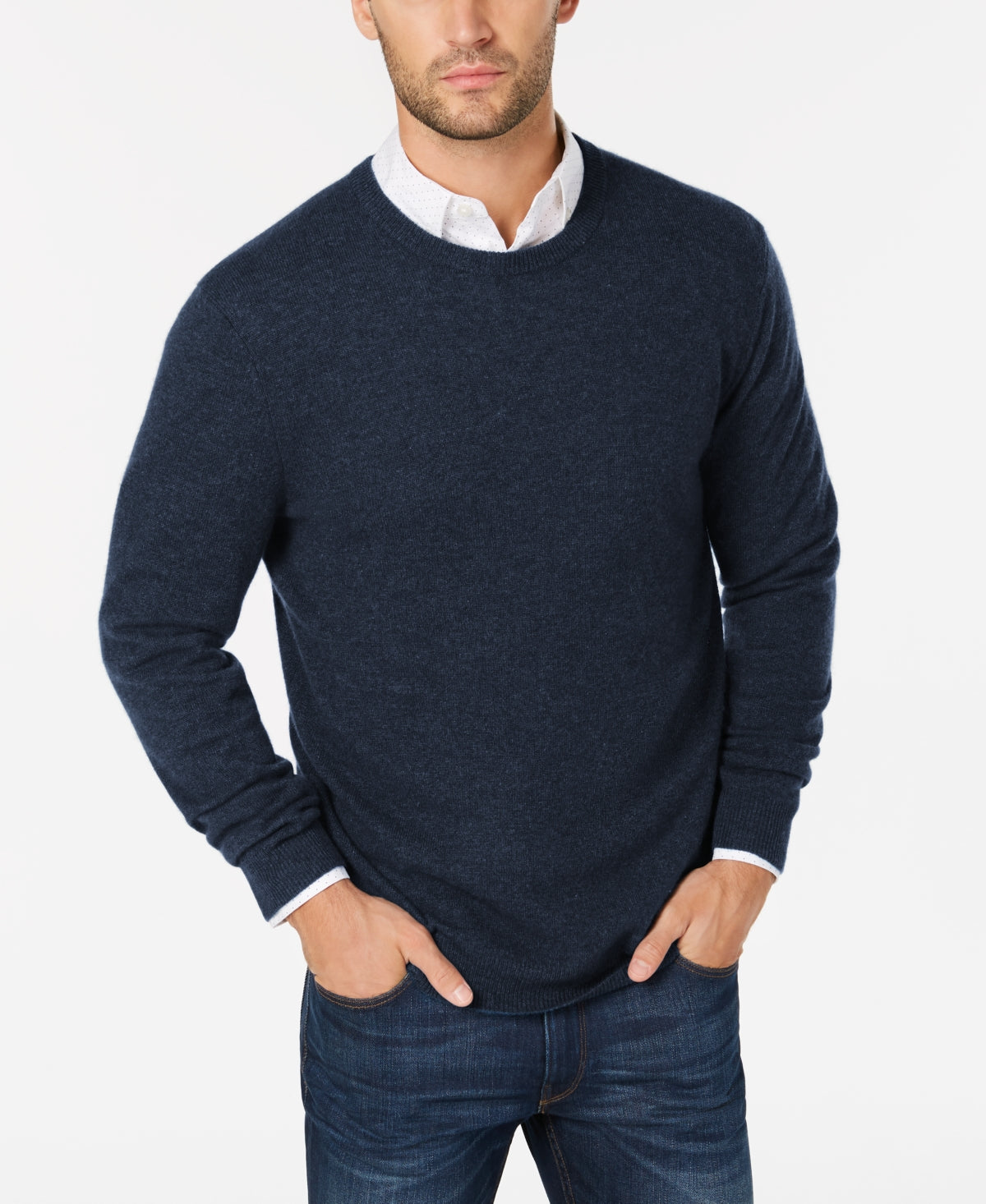 Suéter de cashmere masculino com gola redonda, azul, tamanho grande, Club Room