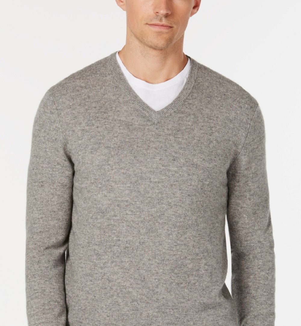 Suéter de cashmere masculino com decote em V, cinza, tamanho médio