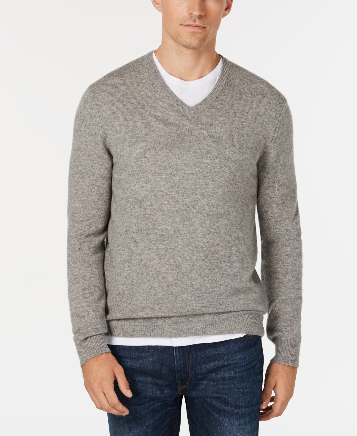 Suéter de cashmere masculino com decote em V, cinza, tamanho médio