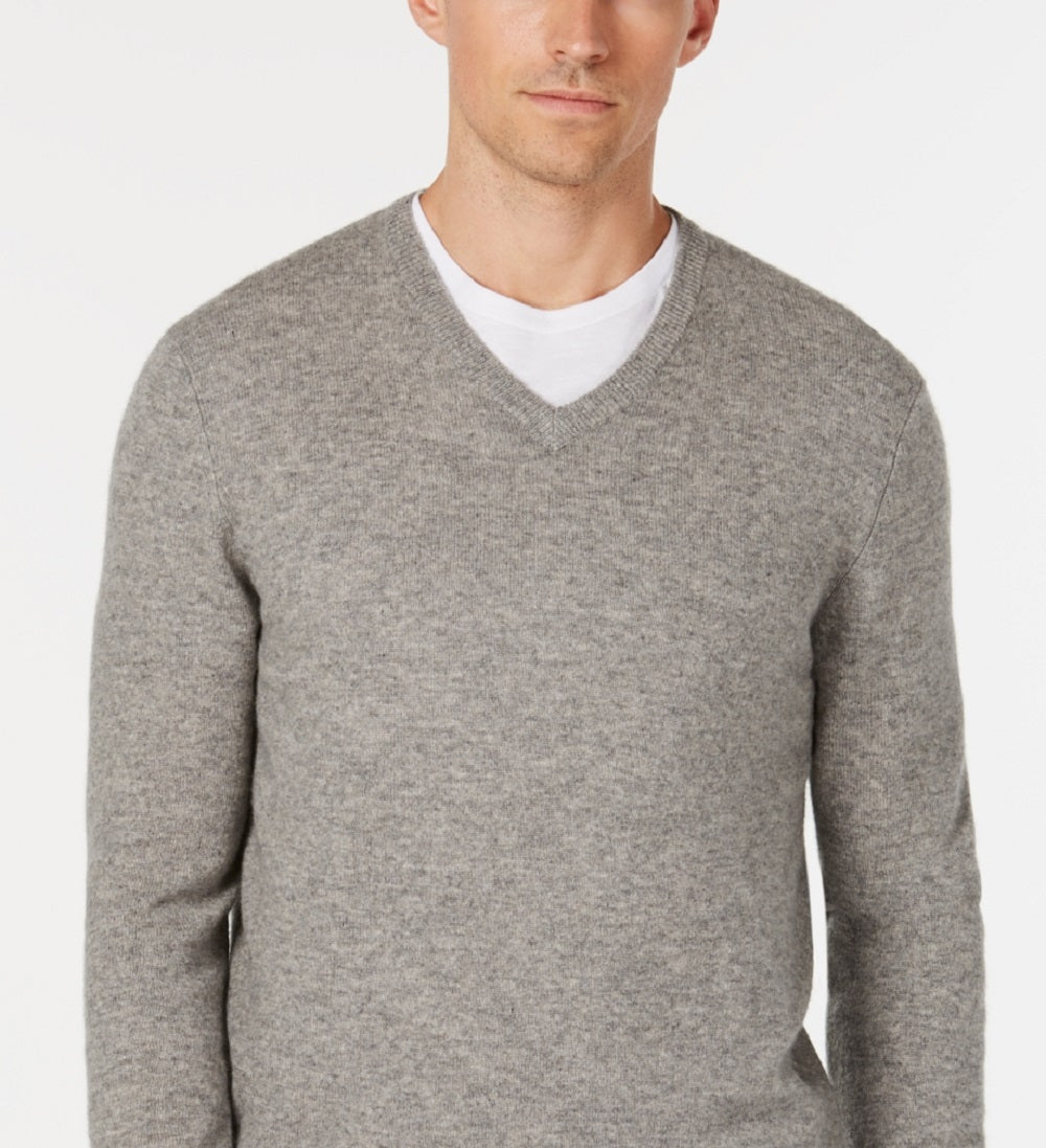 Suéter de cashmere masculino com decote em V, cinza, tamanho grande