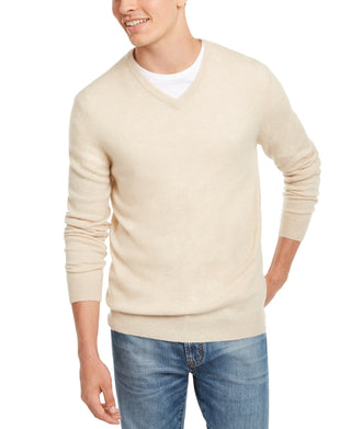 Suéter de cashmere masculino com decote em V, bege, tamanho XX-G