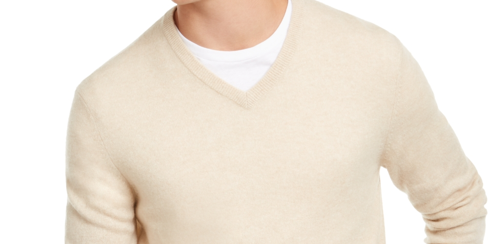Suéter de cashmere masculino com decote em V, bege, tamanho XX-G