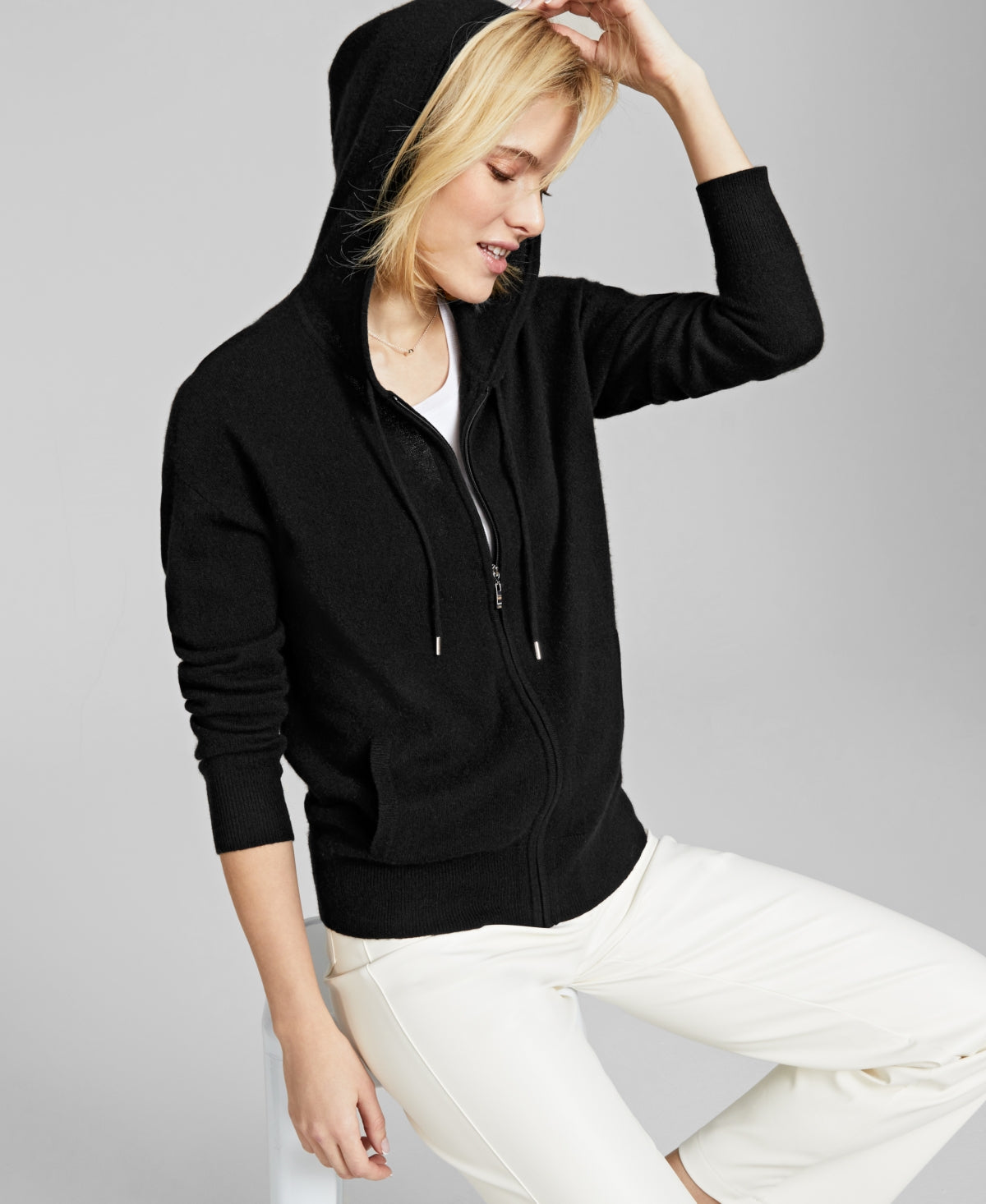 Moletom com capuz feminino de cashmere com zíper Charter Club, preto, tamanho médio