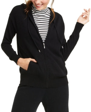 Moletom com capuz feminino Charter Club 100% cashmere com zíper, preto, tamanho extragrande