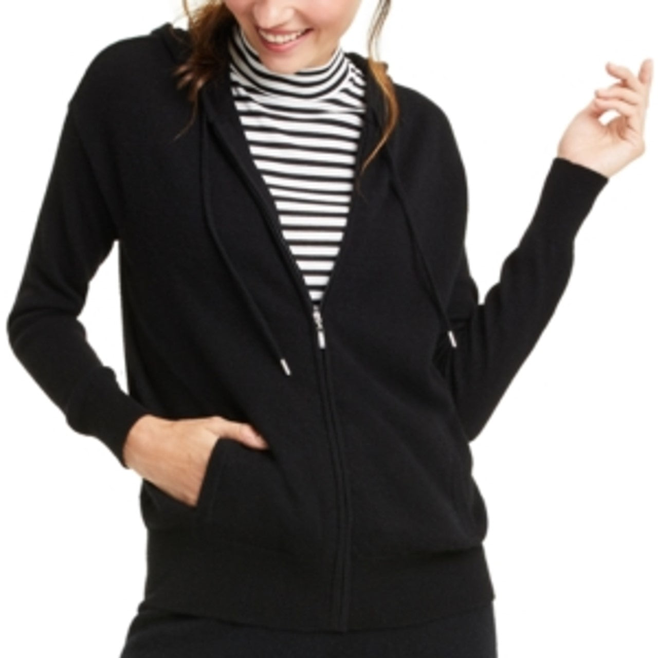Moletom com capuz feminino Charter Club 100% cashmere com zíper, preto, tamanho extragrande