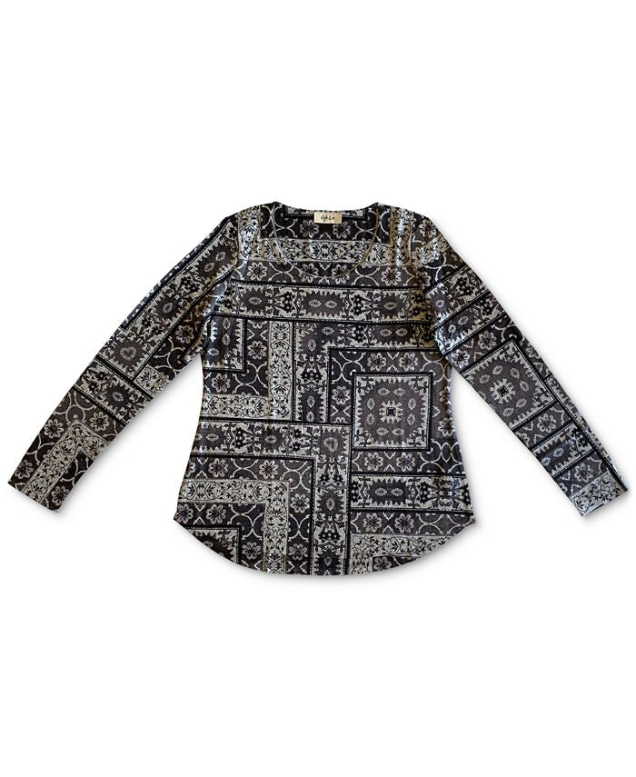 Blusa de malha estampada estilo tapeçaria feminina cinza tamanho médio