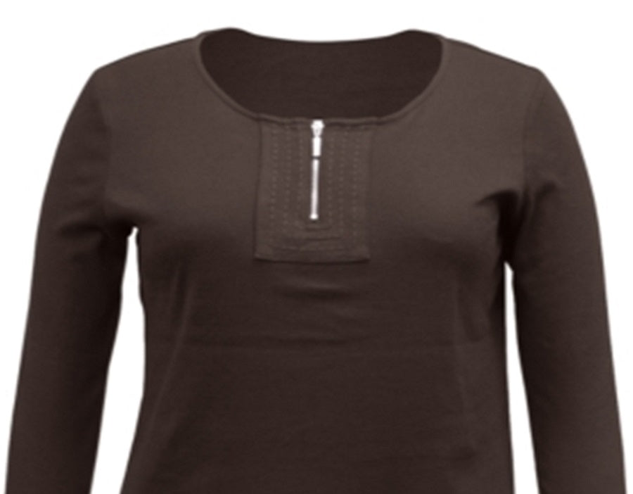 Karen Scott Blusa Feminina Manga 3/4 com Zíper e Gola Redonda Marrom Tamanho Grande