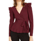 INC International Concepts Blusa feminina com babados e amarração lateral, manga comprida, decote em V, para usar no trabalho, tamanho pequeno, marrom