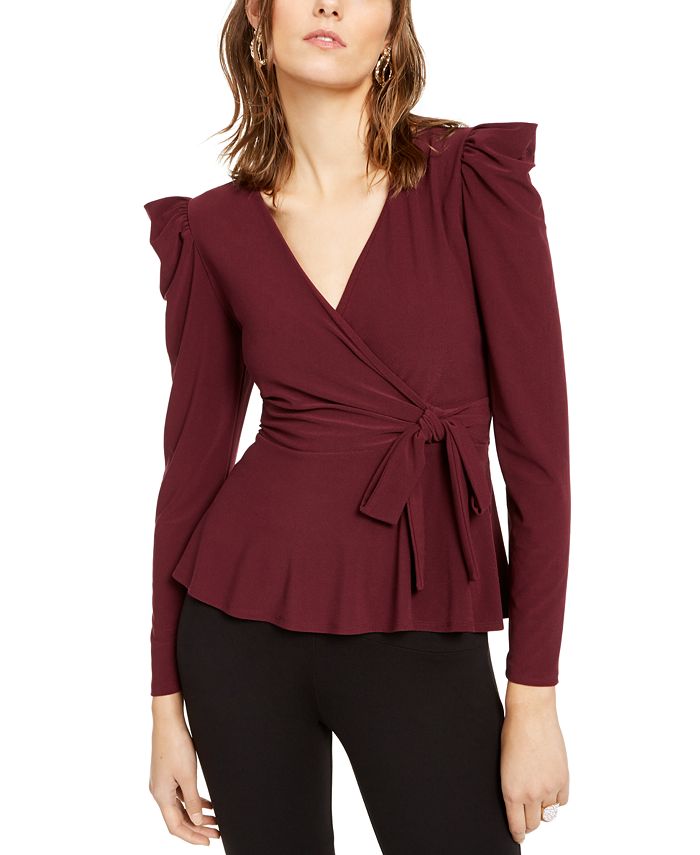 INC International Concepts Blusa feminina com babados e amarração lateral, manga comprida, decote em V, para usar no trabalho, tamanho pequeno, marrom