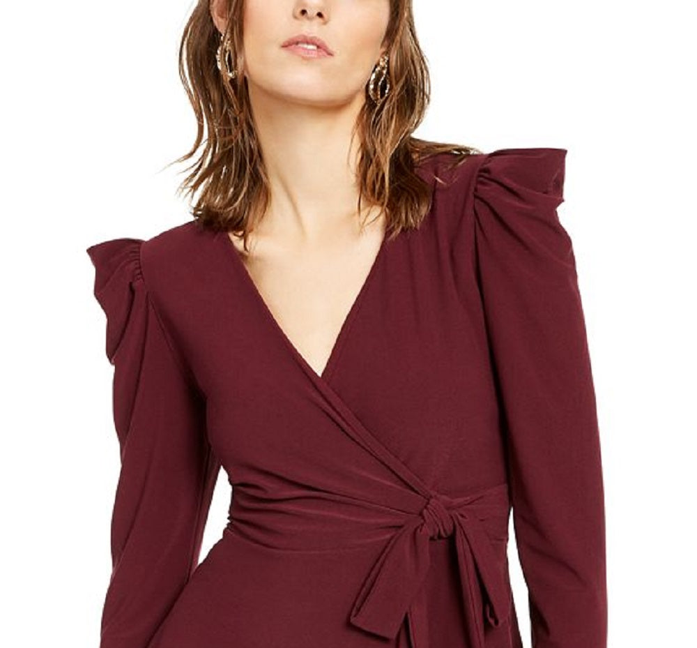 INC International Concepts Blusa feminina com babados e amarração lateral, manga comprida, decote em V, para usar no trabalho, tamanho pequeno, marrom