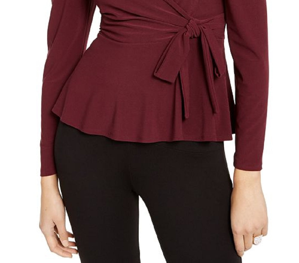 INC International Concepts Blusa feminina com babados e amarração lateral, manga comprida, decote em V, para usar no trabalho, tamanho pequeno, marrom