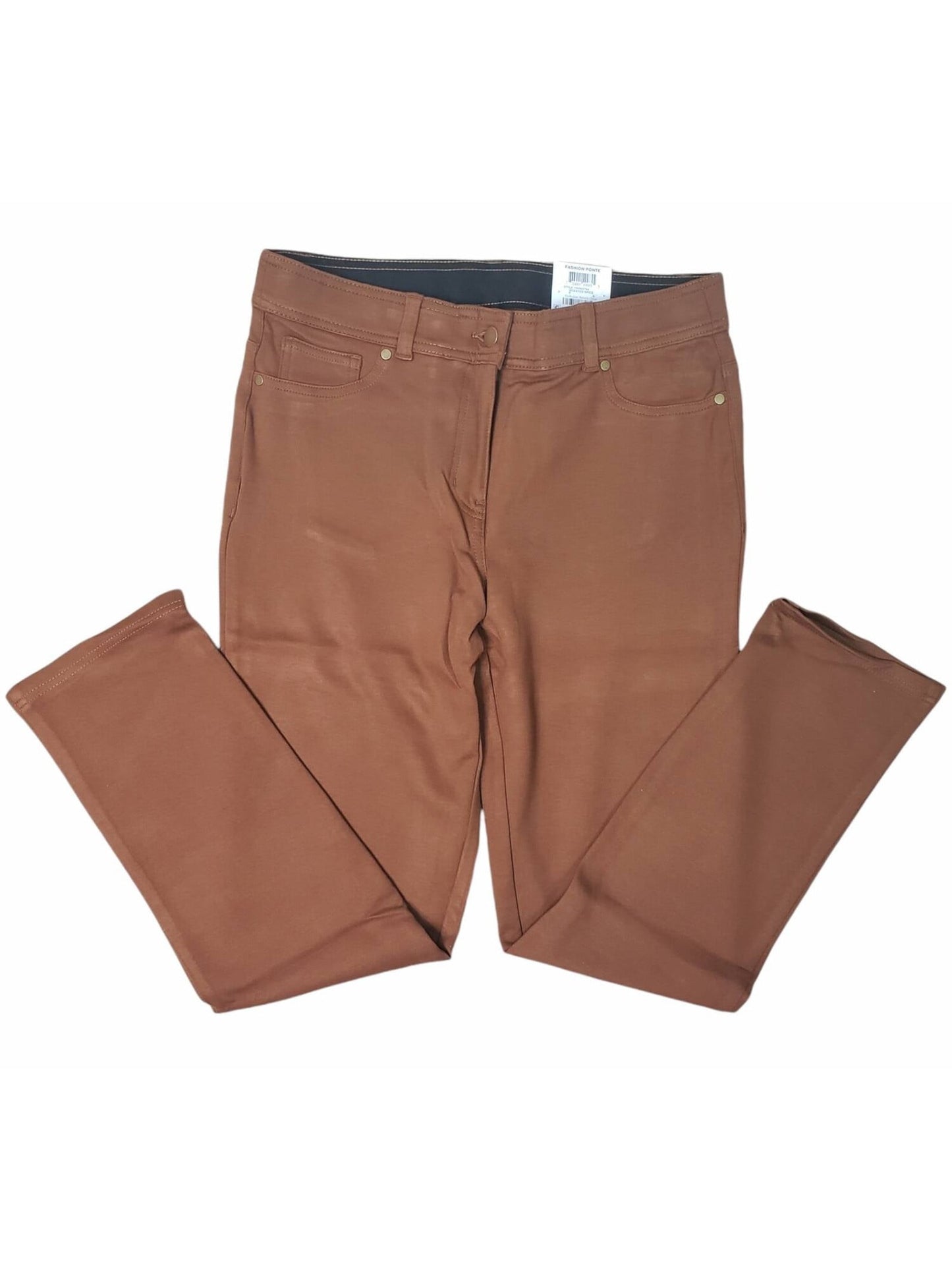 Calça feminina elástica justa, cintura média, perna reta, marrom, tamanho 8