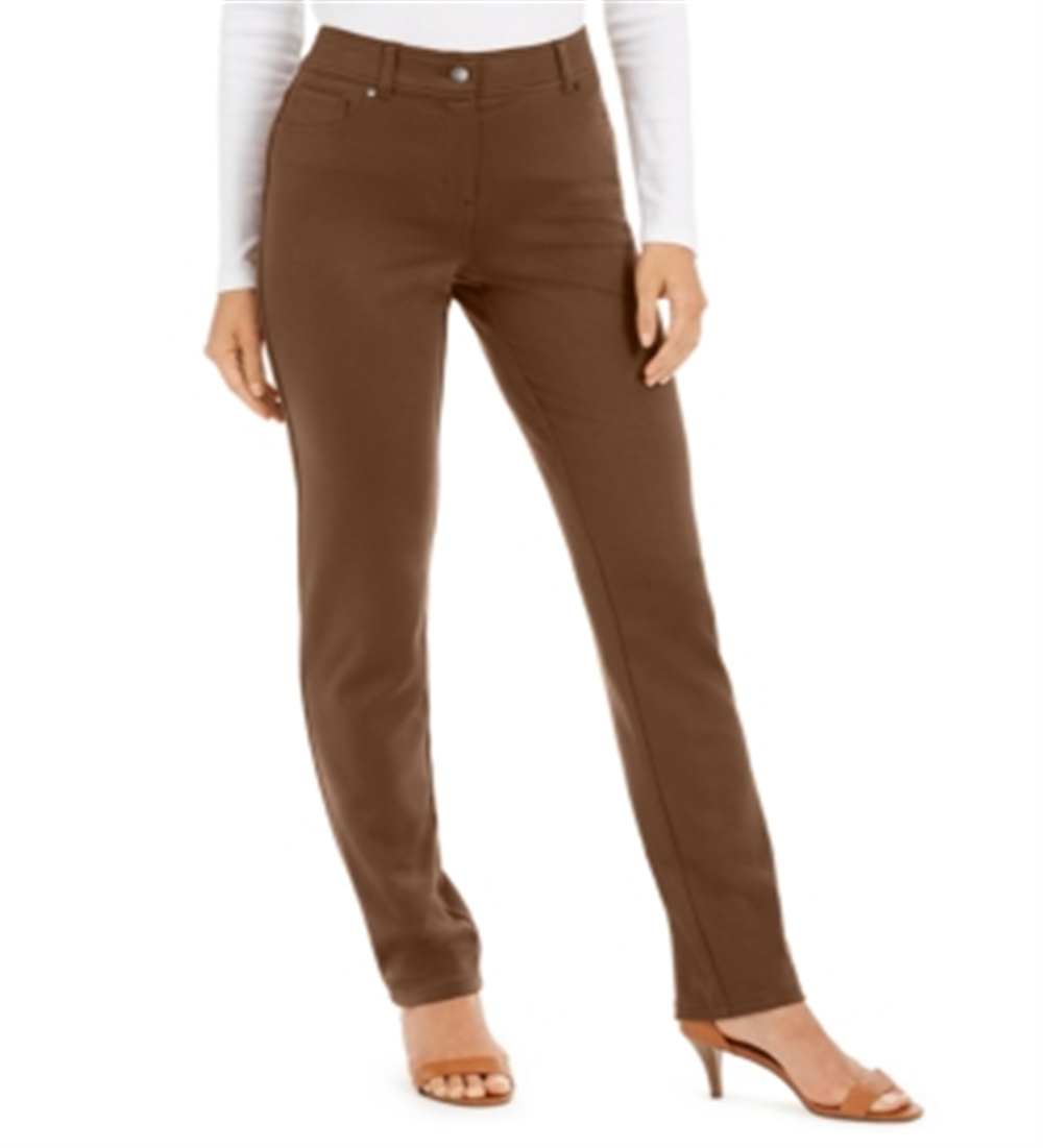 Calça feminina elástica justa, cintura média, perna reta, marrom, tamanho 8