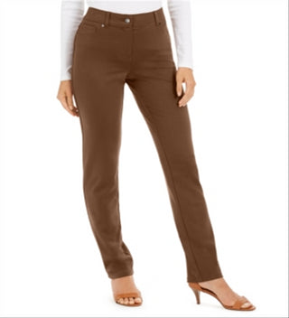 Calça feminina elástica justa, cintura média, perna reta, marrom, tamanho 8