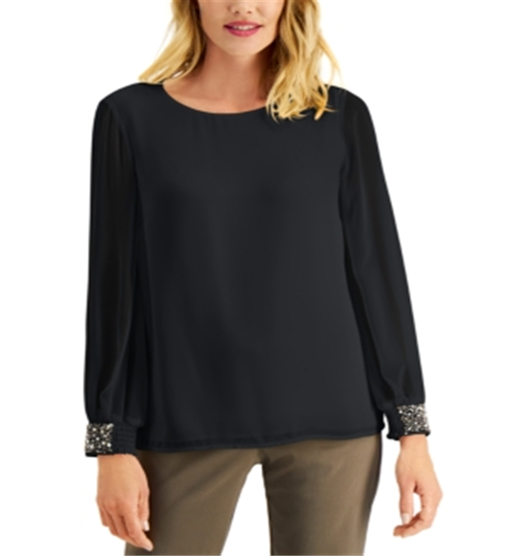 JM Collection Top Feminino com Punhos e Contas Preto Tamanho Grande