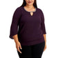 JM Collection Top Feminino com Manga Sino e Strass, Roxo Escuro, Tamanho X-G