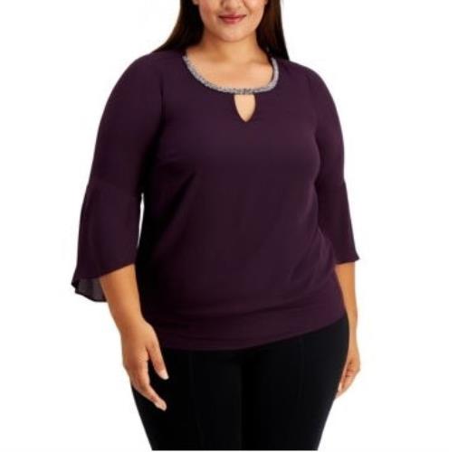 JM Collection Top Feminino com Manga Sino e Strass, Roxo Escuro, Tamanho X-G