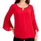 JM Collection Top Feminino com Manga Sino e Strass e Gola Redonda Tamanho Grande