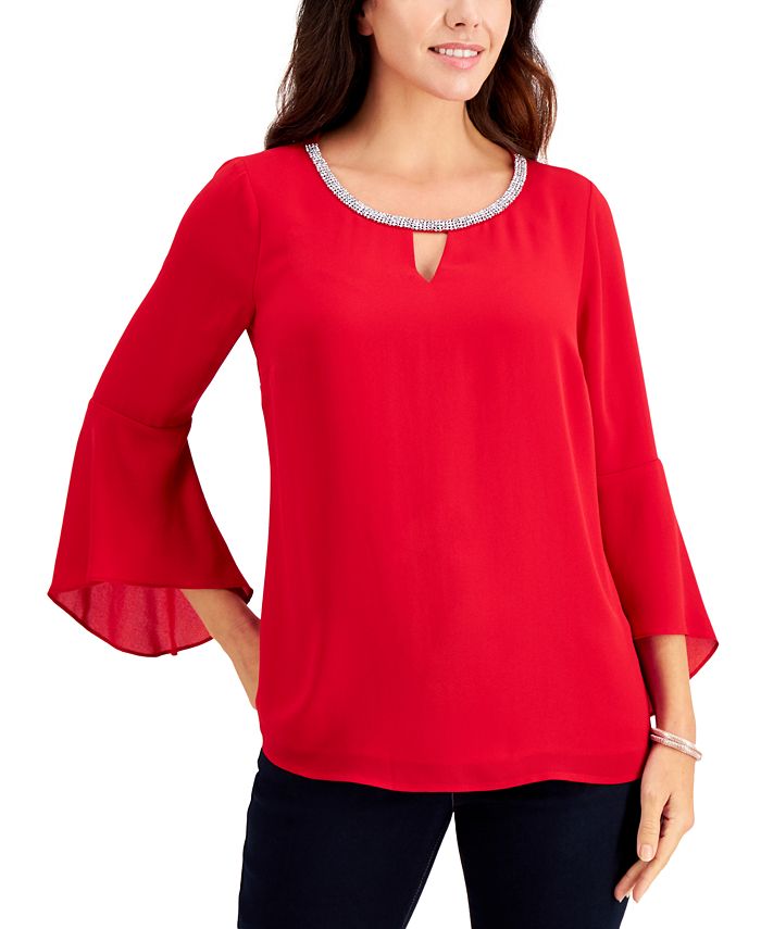 JM Collection Top Feminino com Manga Sino e Strass e Gola Redonda Tamanho Grande