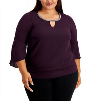 Blusa feminina com manga sino e acabamento embelezado, roxa, tamanho 2X, da coleção JM