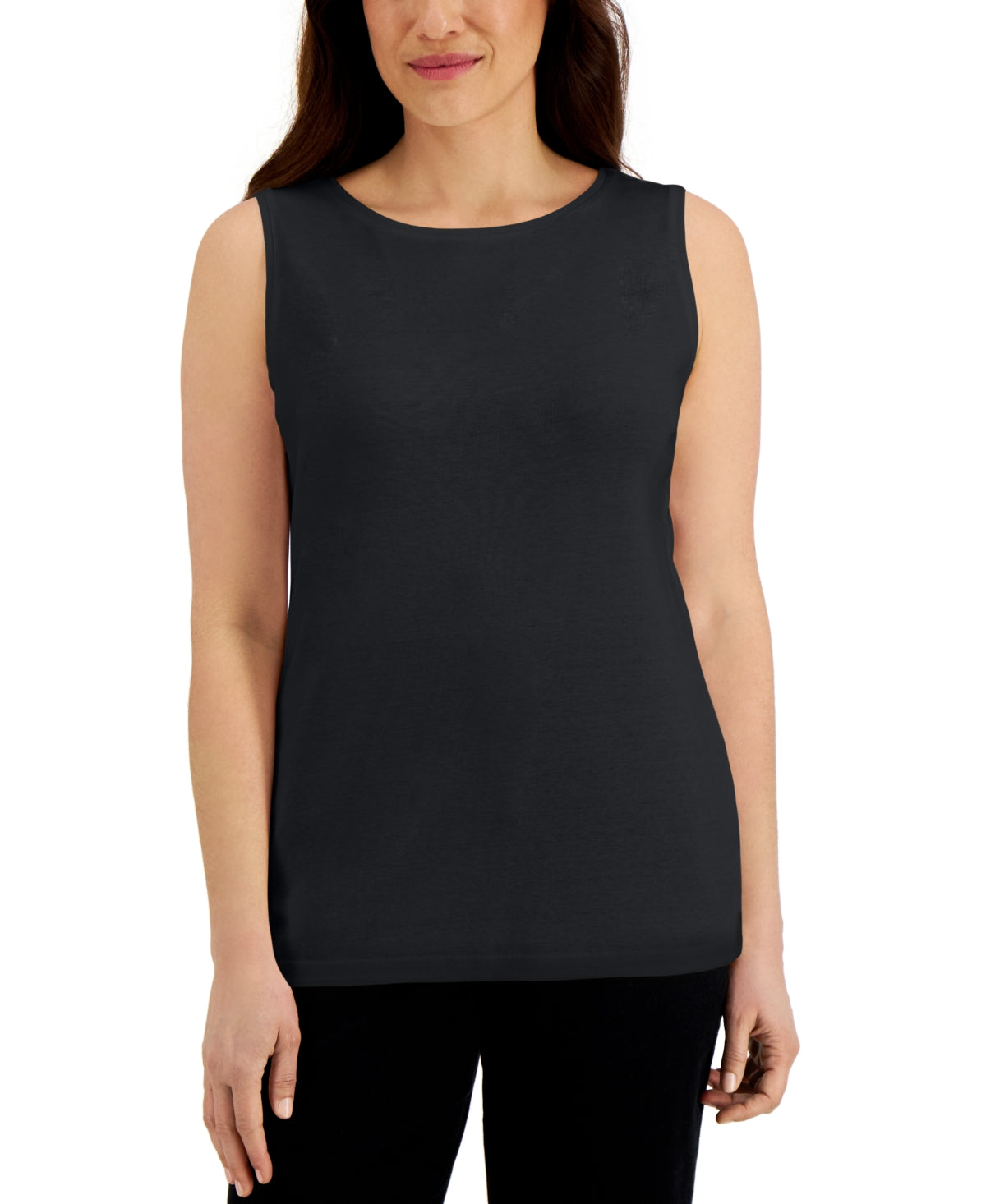 Karen Scott Blusa de algodão feminina com decote redondo, preta, tamanho pequeno