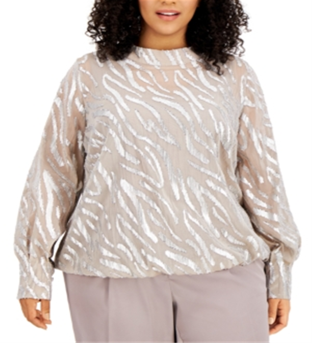 Blusa feminina Alfani com estampa de zebra metálica e bolhas, bege, tamanho 3X