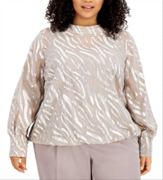 Blusa feminina Alfani com estampa de zebra metálica e bolhas, bege, tamanho 3X