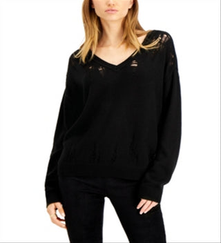 Suéter feminino Bar III de manga comprida e gola V, preto, tamanho XXL