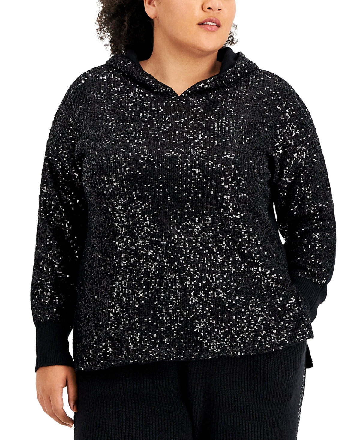 Suéter com capuz e lantejoulas feminino INC International Concepts, preto, tamanho 1X