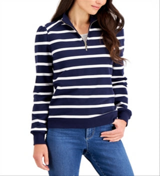 Charter Club Blusa feminina listrada de algodão com zíper e gola alta, azul, tamanho pequeno G
