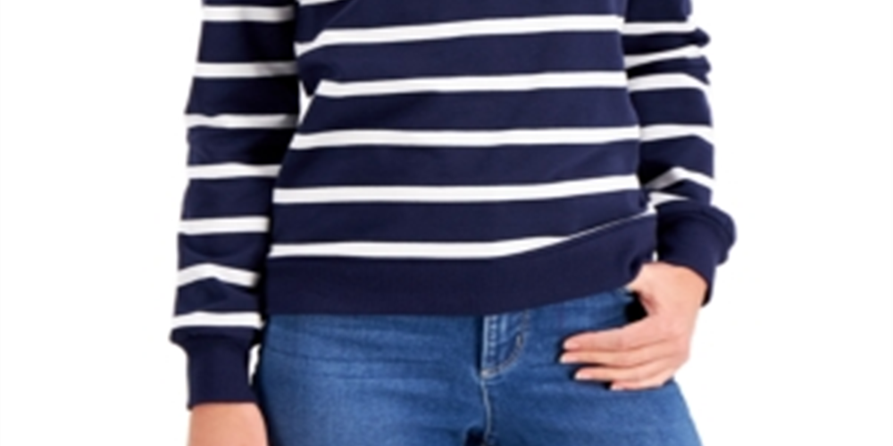 Charter Club Blusa feminina listrada de algodão com zíper e gola alta, azul, tamanho pequeno G