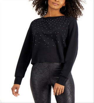 Blusa feminina Bar III com tachas e manga comprida, preta, tamanho pequeno