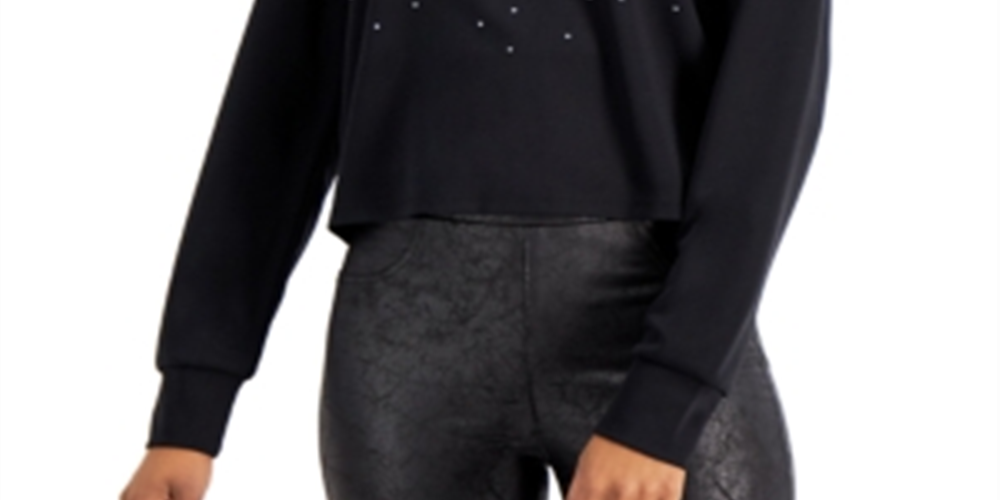 Blusa feminina Bar III com tachas e manga comprida, preta, tamanho pequeno